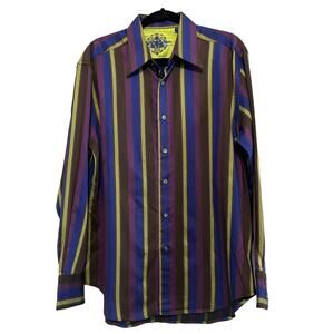 Robert Graham Multi Color Purple Green Striped Button Front Flip Cuff Shirt Sz L